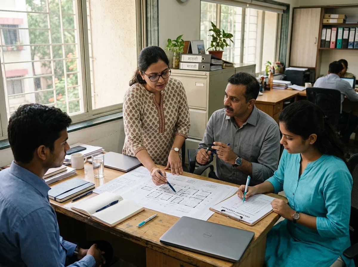 Professional liaisoning team reviewing plans and a document checklist inside Pune office